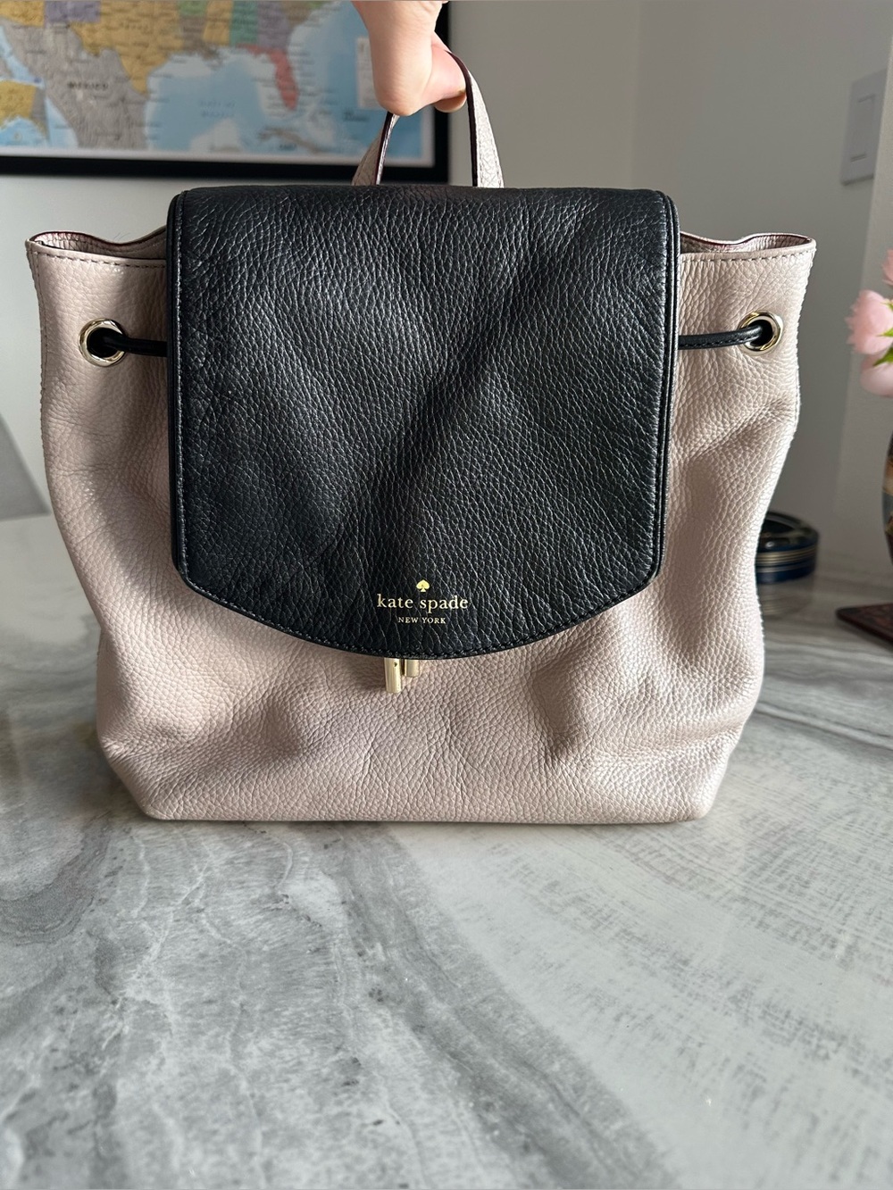 Kate Spade New York Taupe / Black Pebbled Leather Drawstring Backpack